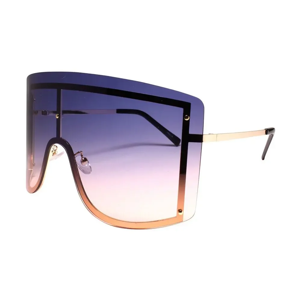 Two Tone Blue and Pink Lens Exaggerated Wrap Oversized Gold Womens Sunglasses